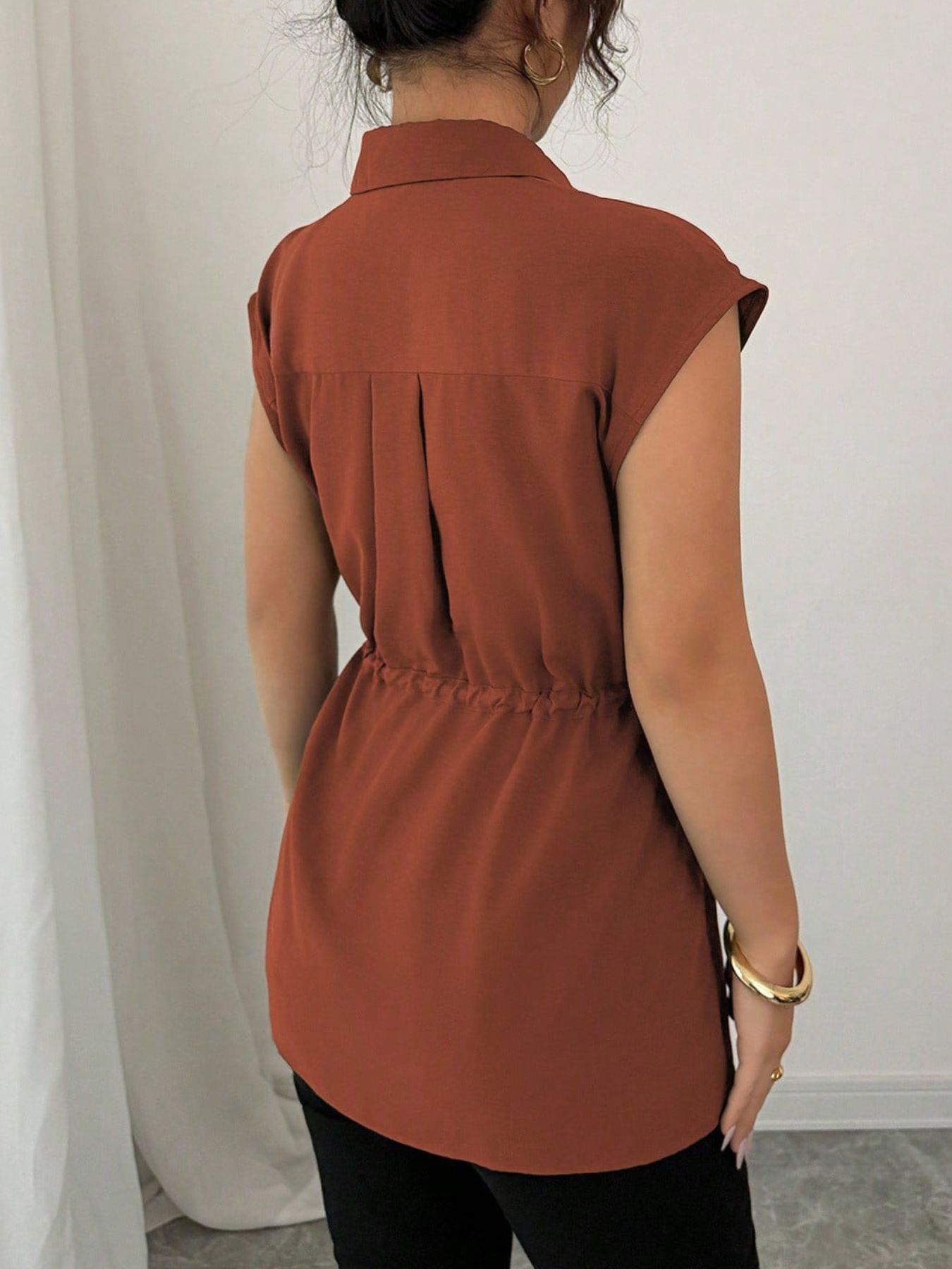 Drawstring Waist Cap Sleeve Shirt