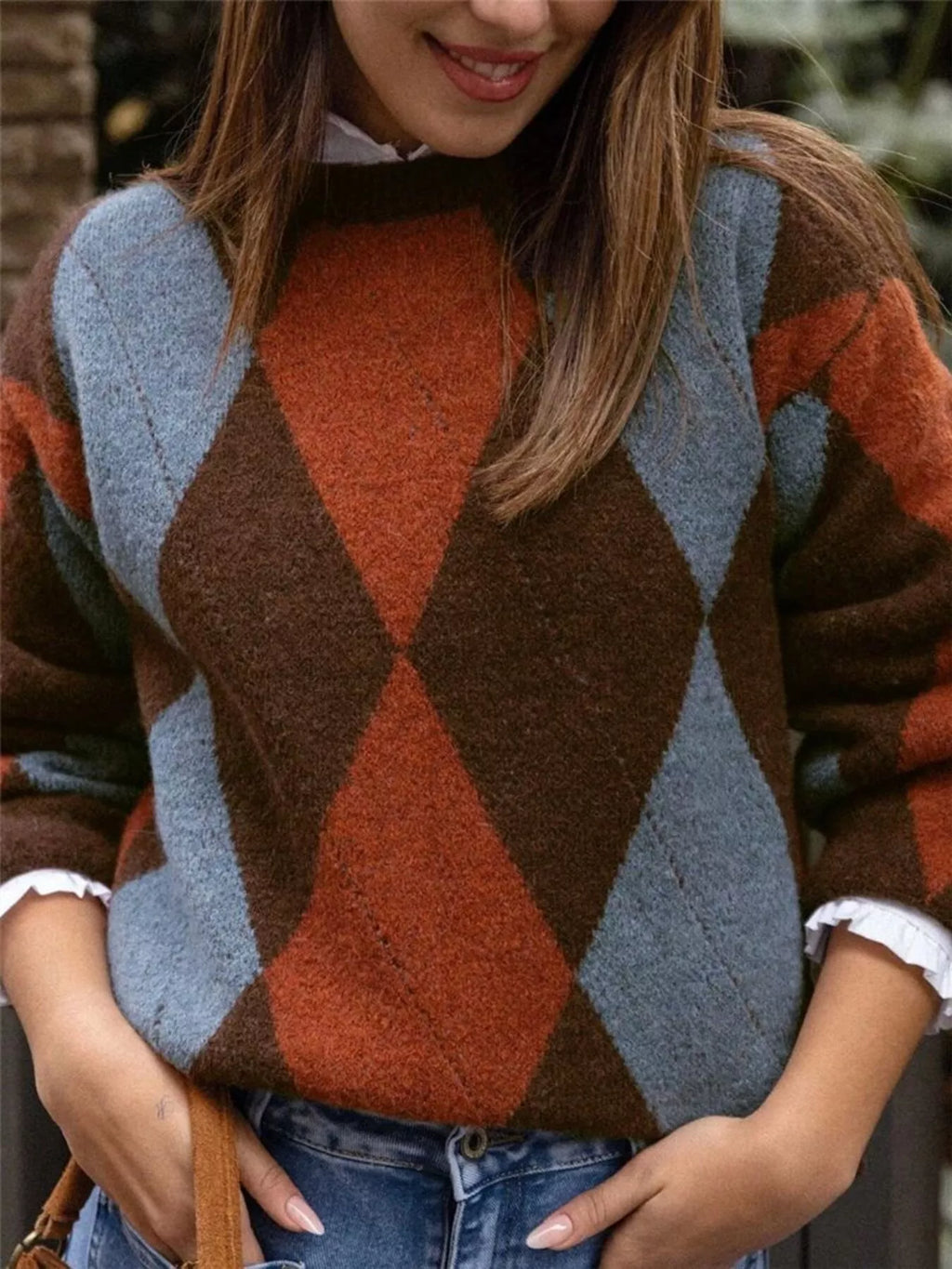 Vintage Argyle Round Neck Sweater