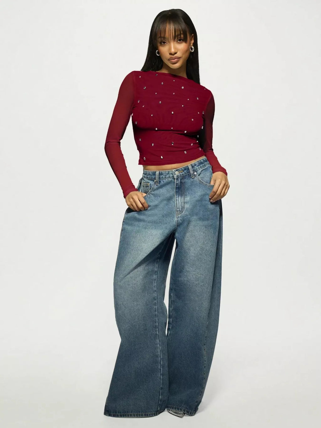 Rhinestone Embellished Long Sleeve T-Shirt