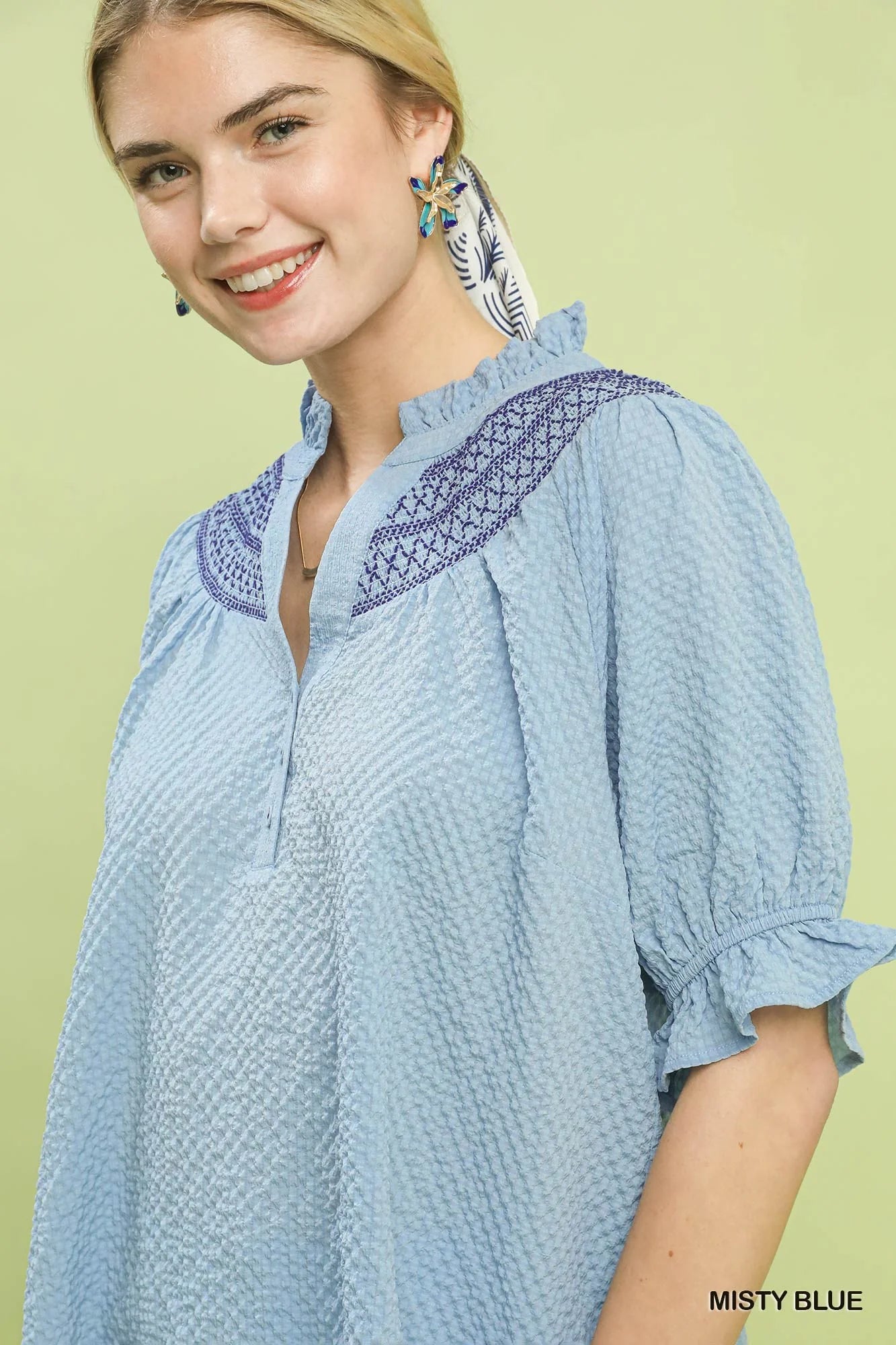 Umgee Textured Henley Blouse with Ruffle Cuffs