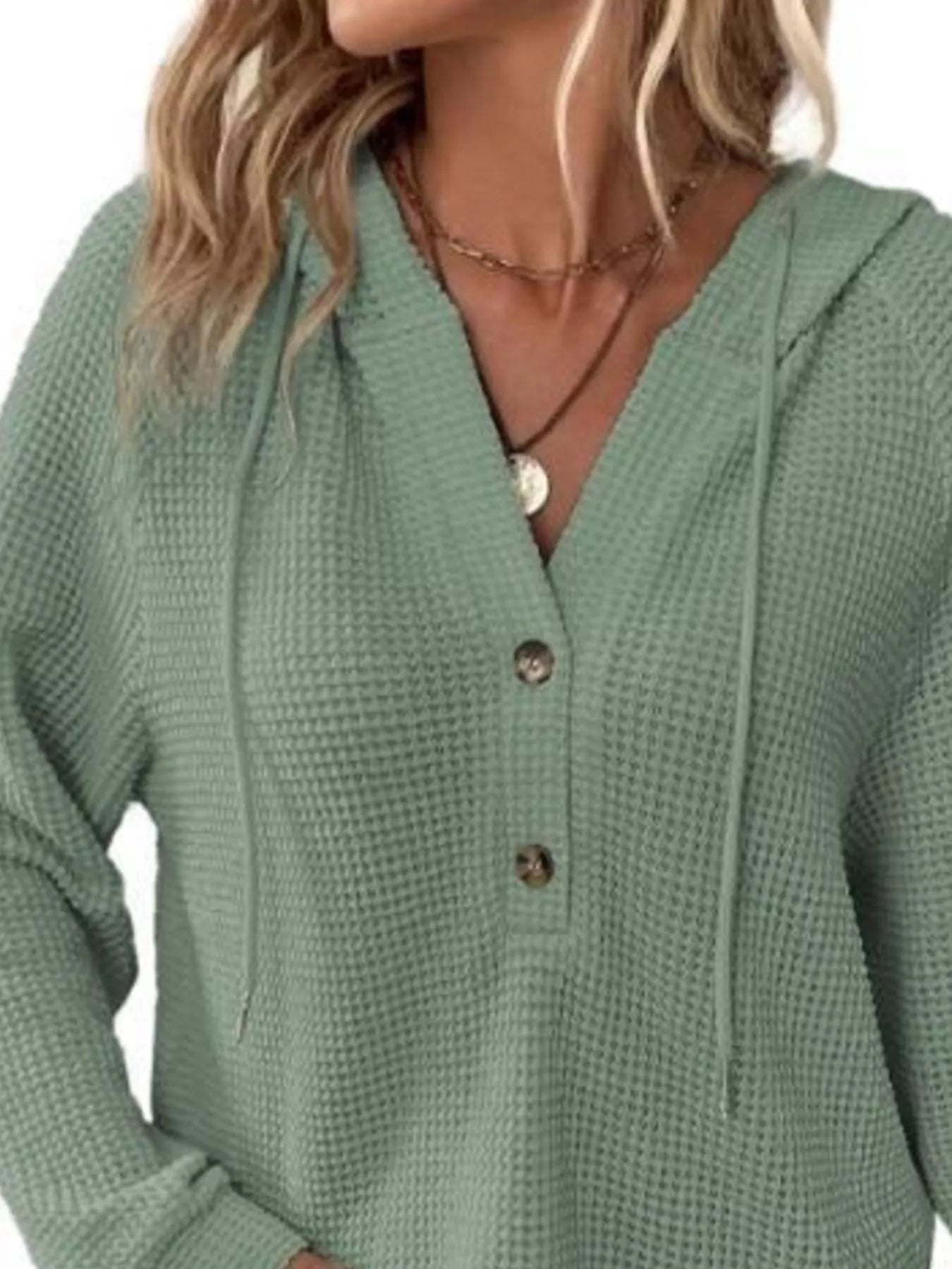 Full Size Button Detail Waffle Knit Hoodie Plus Size