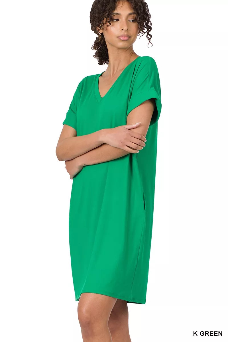 Zenana Brushed Dty Rolled Short Sleeve V-Neck Dress
