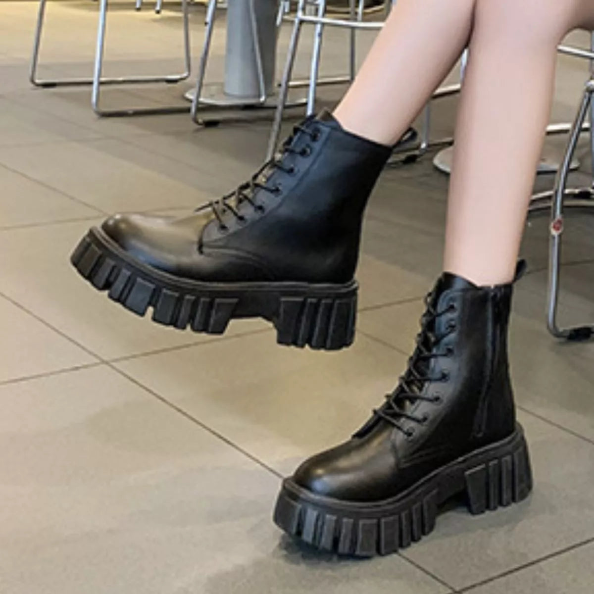 Round Toe Lace-Up Chunky Boots