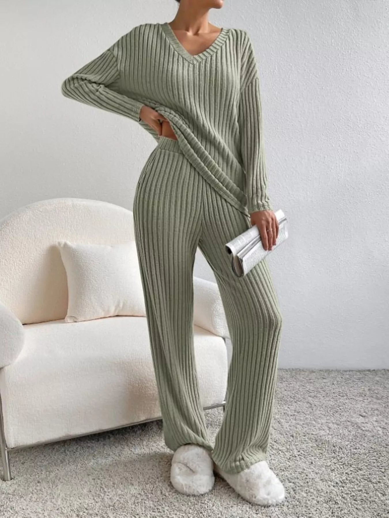 Ribbed Knit V-Neck Top and Pants Set