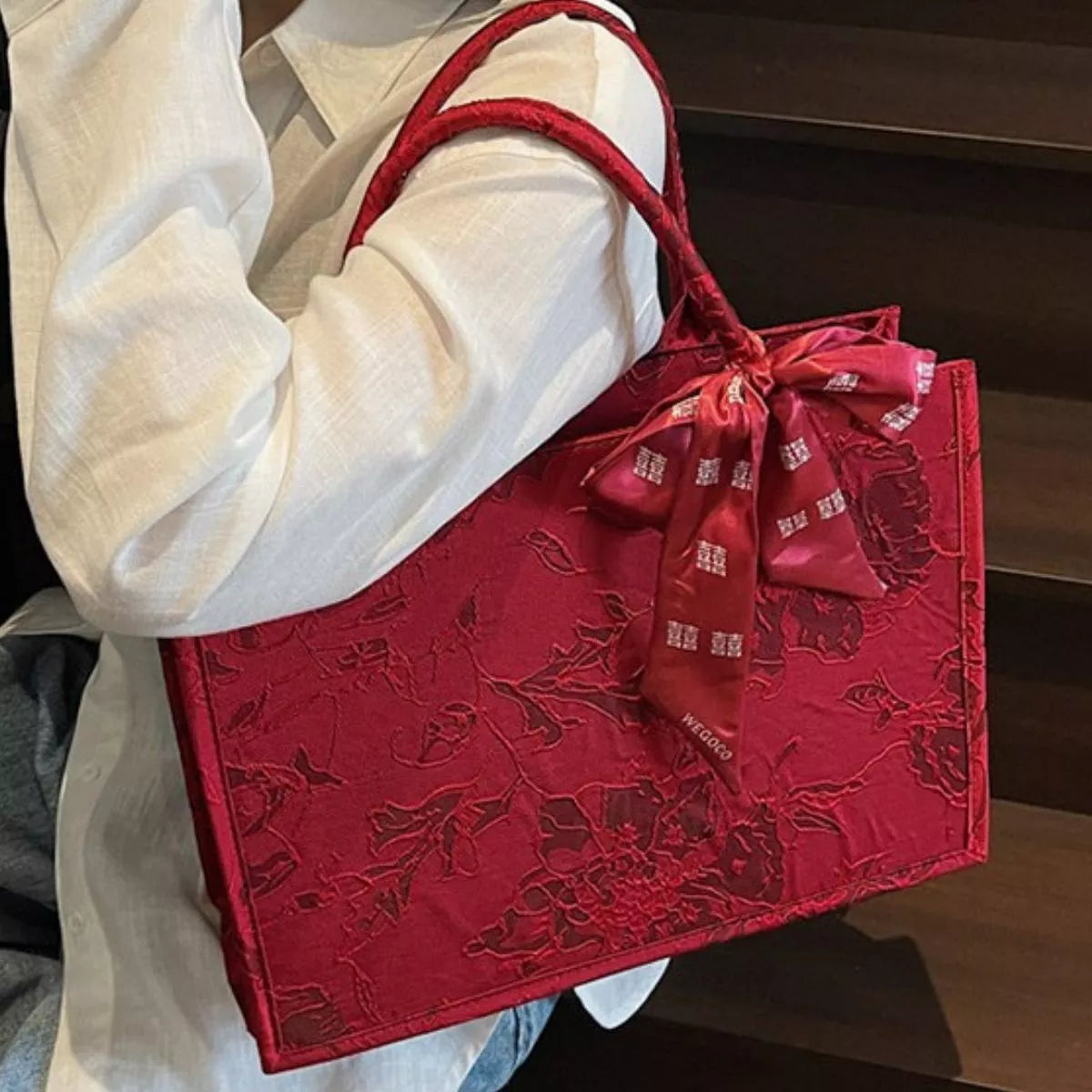 Floral Embossed Tote Handbag with Scarf Accent