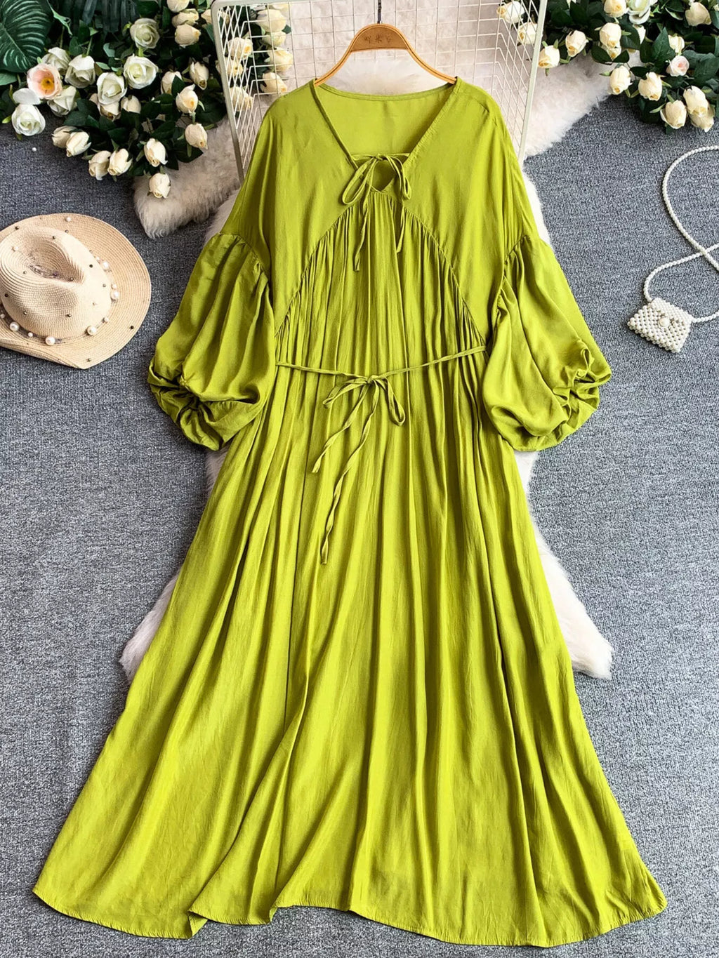 Balloon Sleeve Tie-Waist Dress