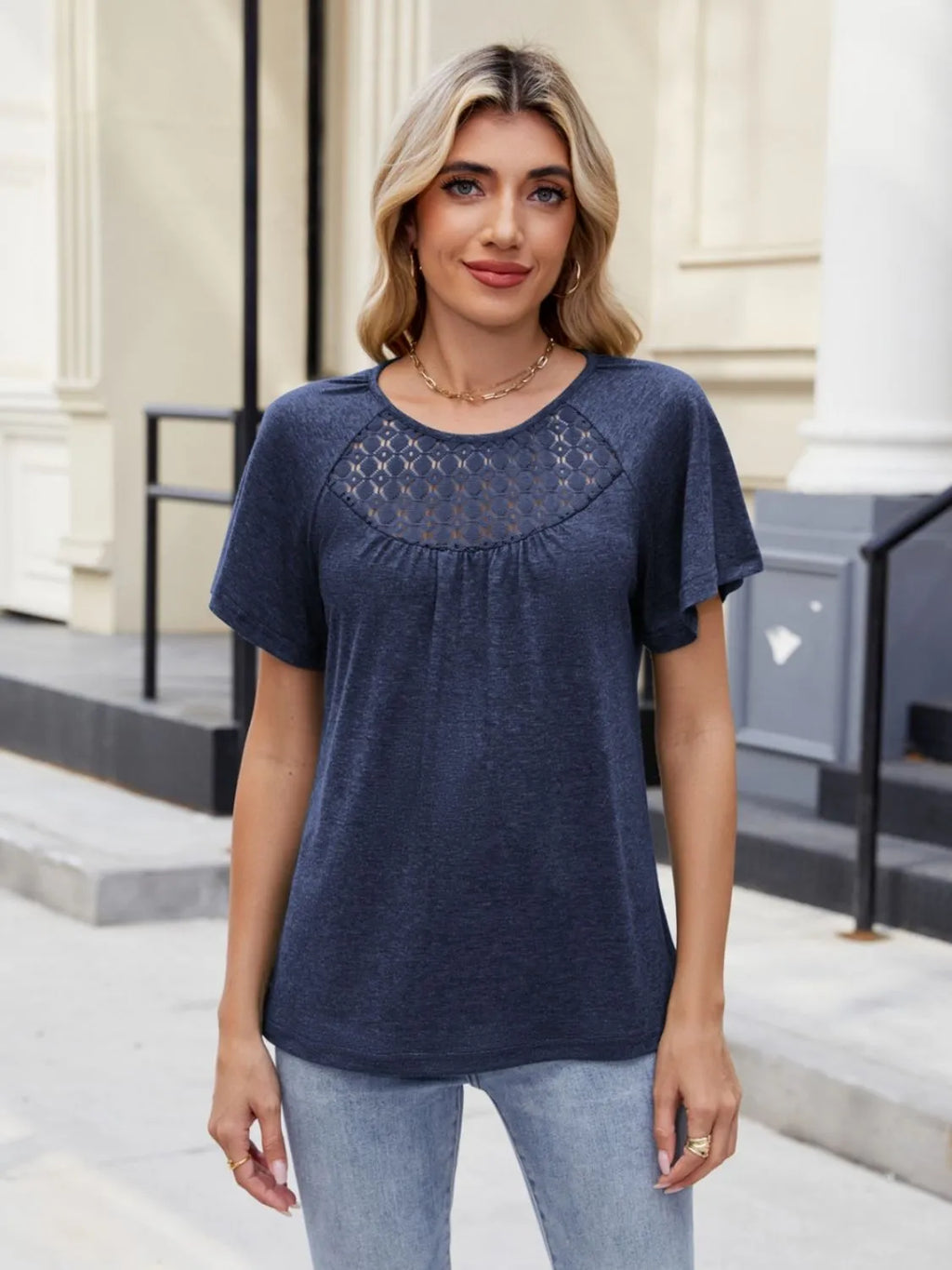 Lace Detail Round Neck Short Sleeve Blouse