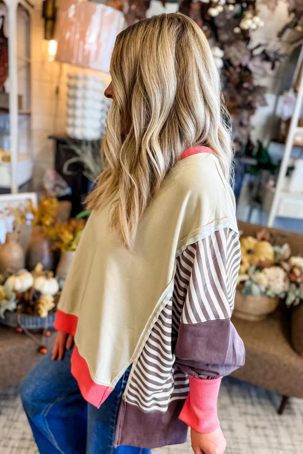 Color Block Striped Patchwork Dolman Slit Sweatshirt