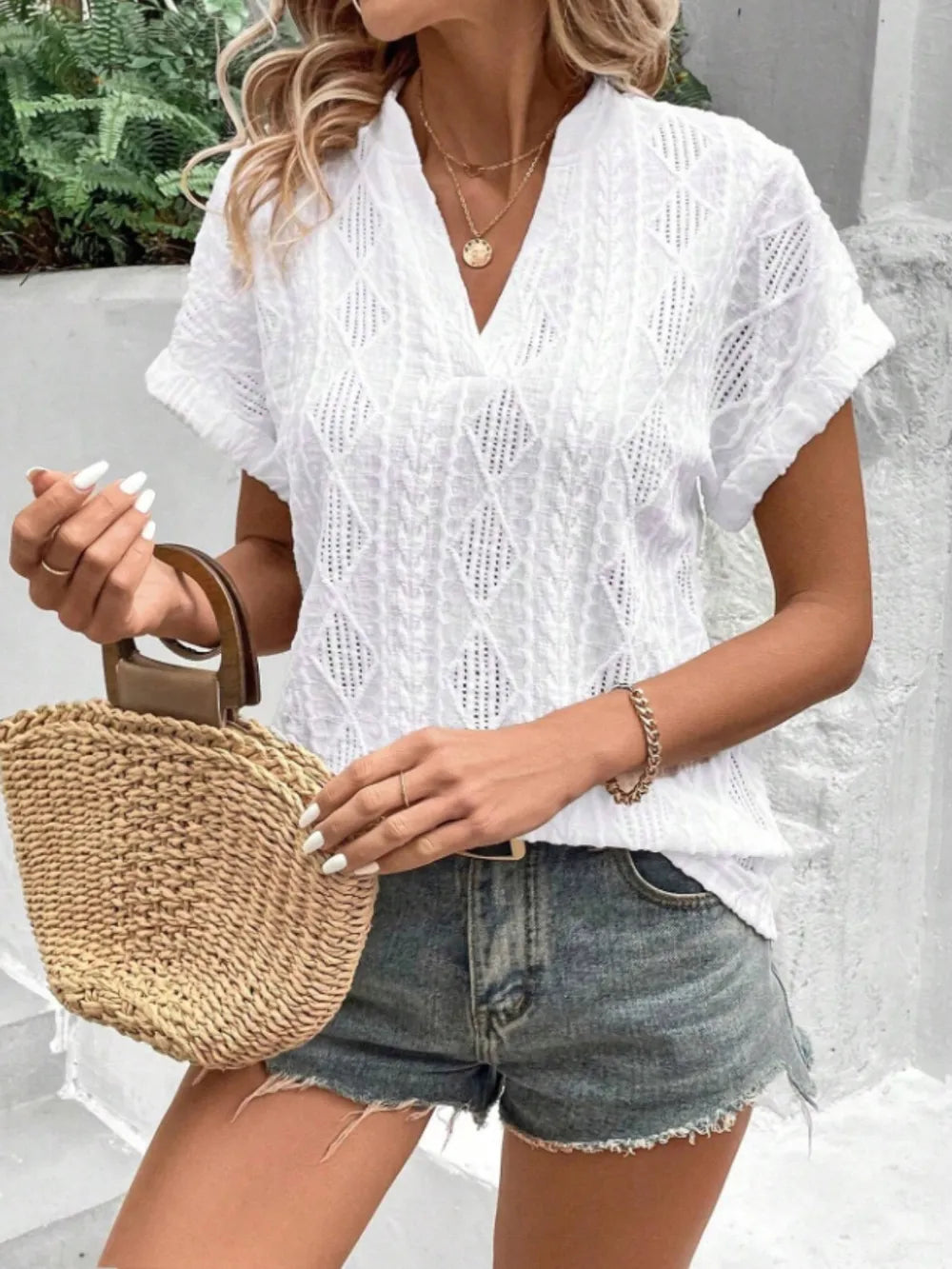 Openwork Notched Short Sleeve Blouse