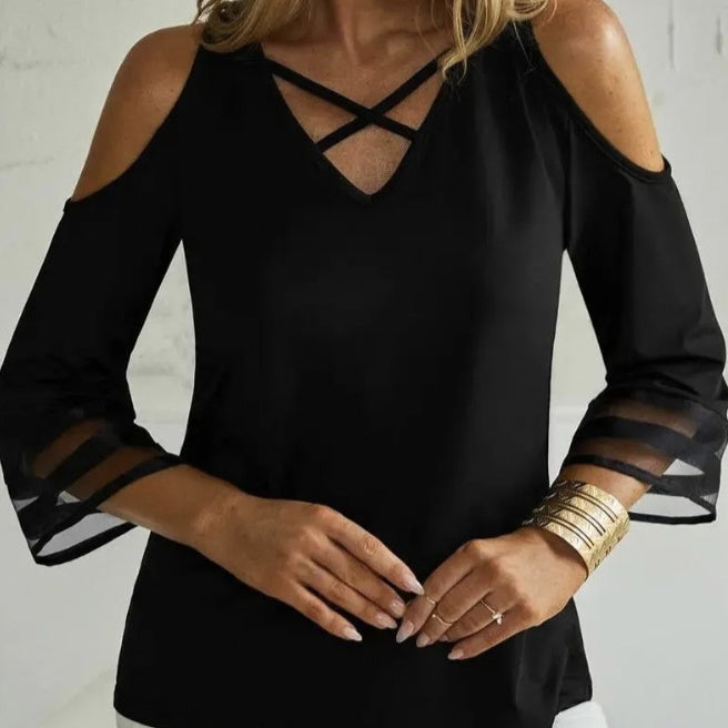 Women’s Off-Shoulder Cross Collar Long Sleeve Top