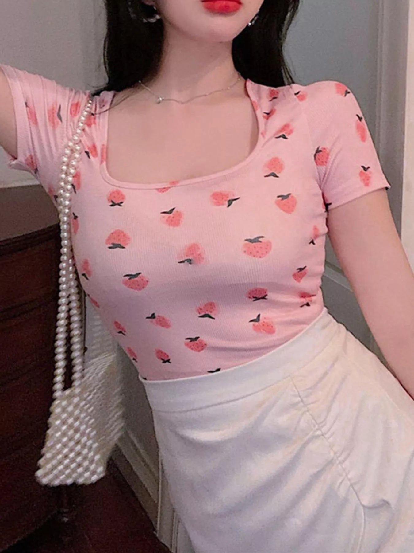Fruit Print Square Neck Slim Fit T-Shirt