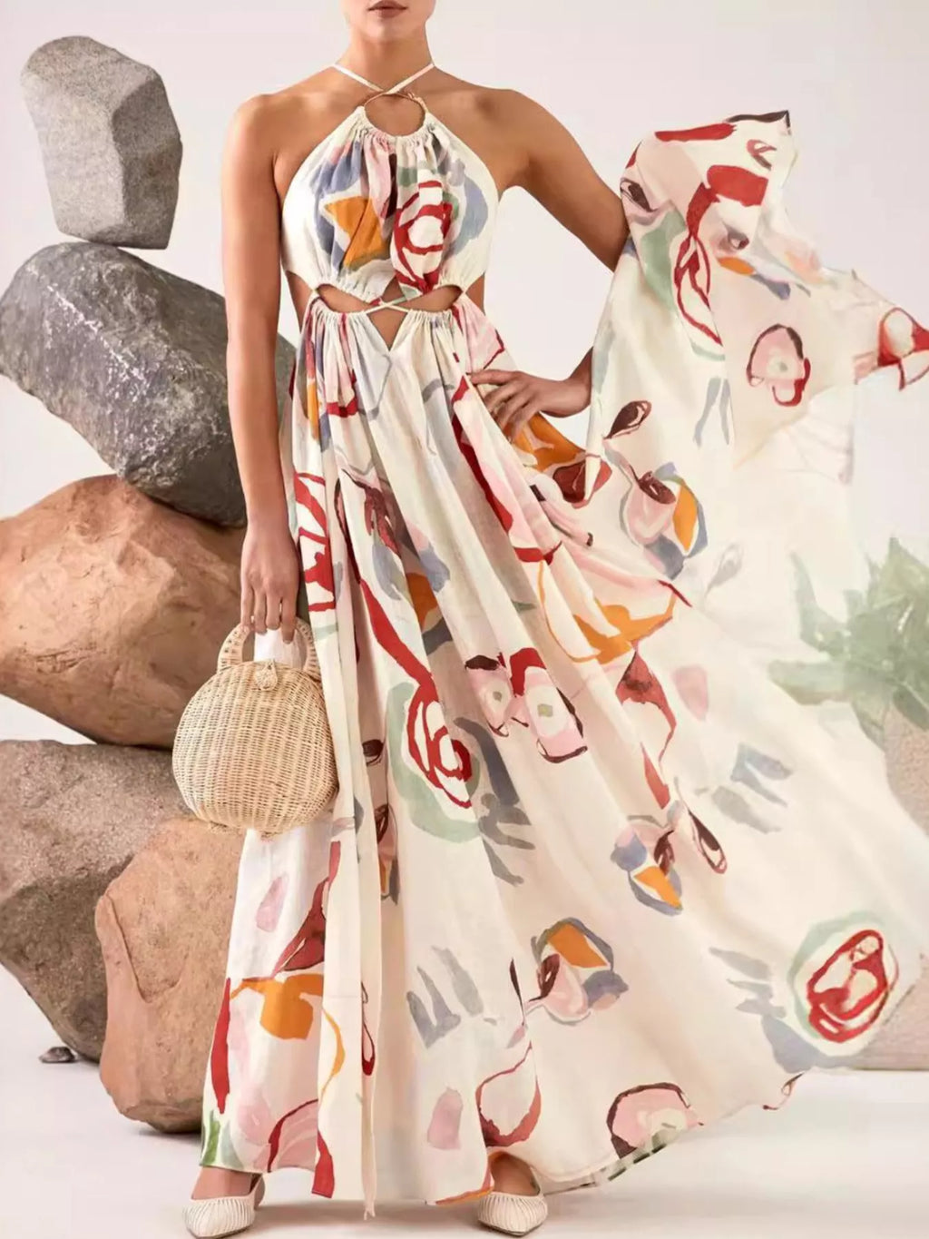 Printed Halter Neck Cut-Out Maxi Dress