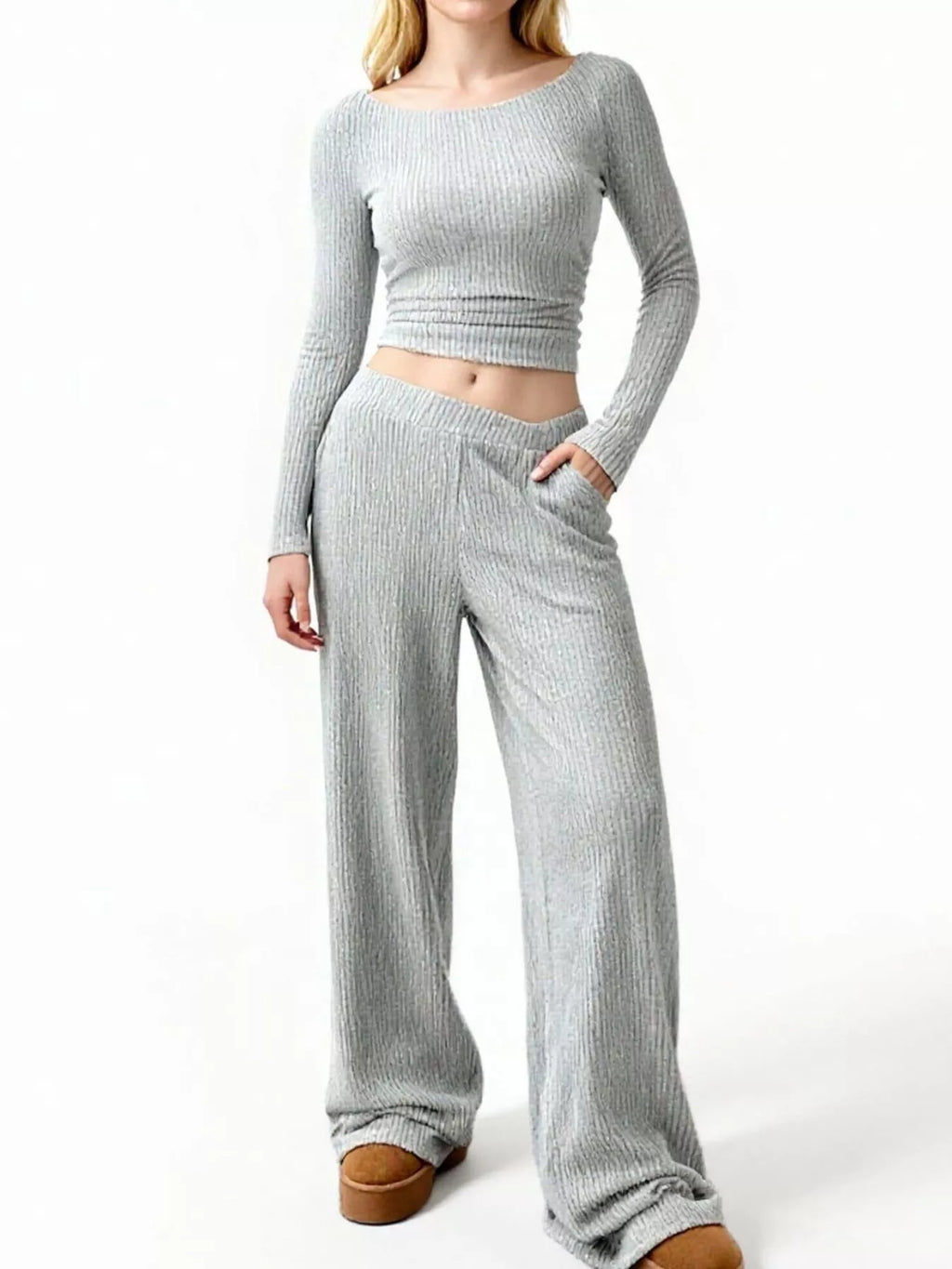 Round Neck Long Sleeve Top and Pants Set