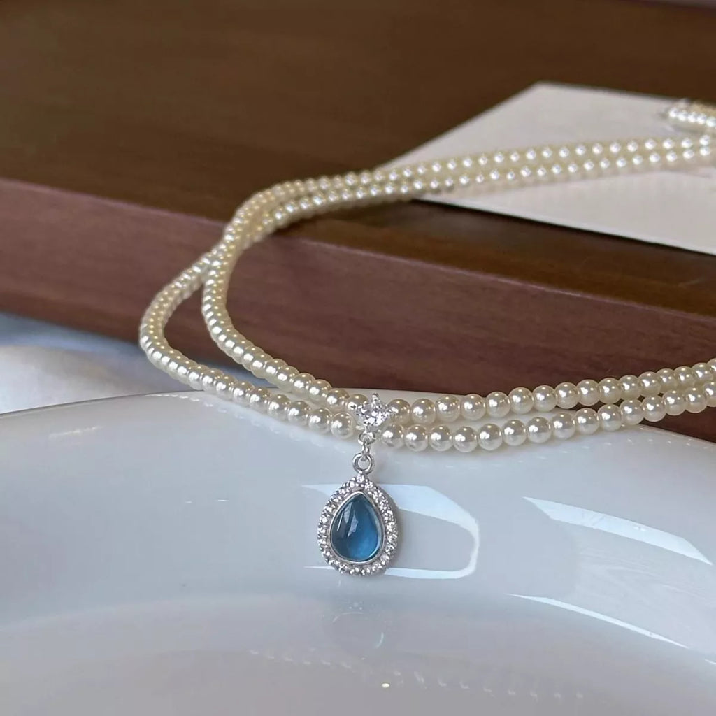 Double Layered Pearl Necklace with Teardrop Pendant