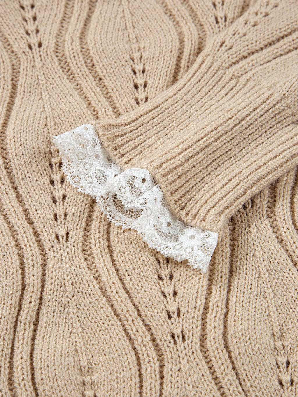 Pearl Beaded Pointelle Knit V Neck Lace Patchwork Sleeve Sweater