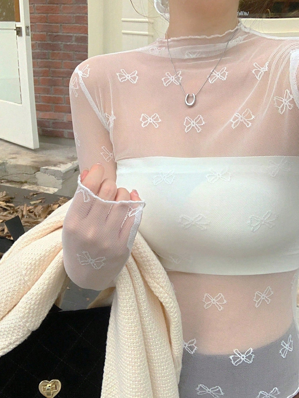 Bow Print Sheer Mesh Top