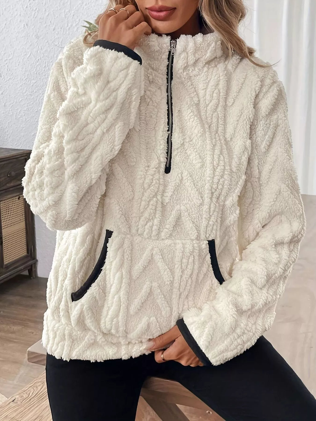 Full Size Half Zip Kangaroo Pocket Sweatshirt Plus Size