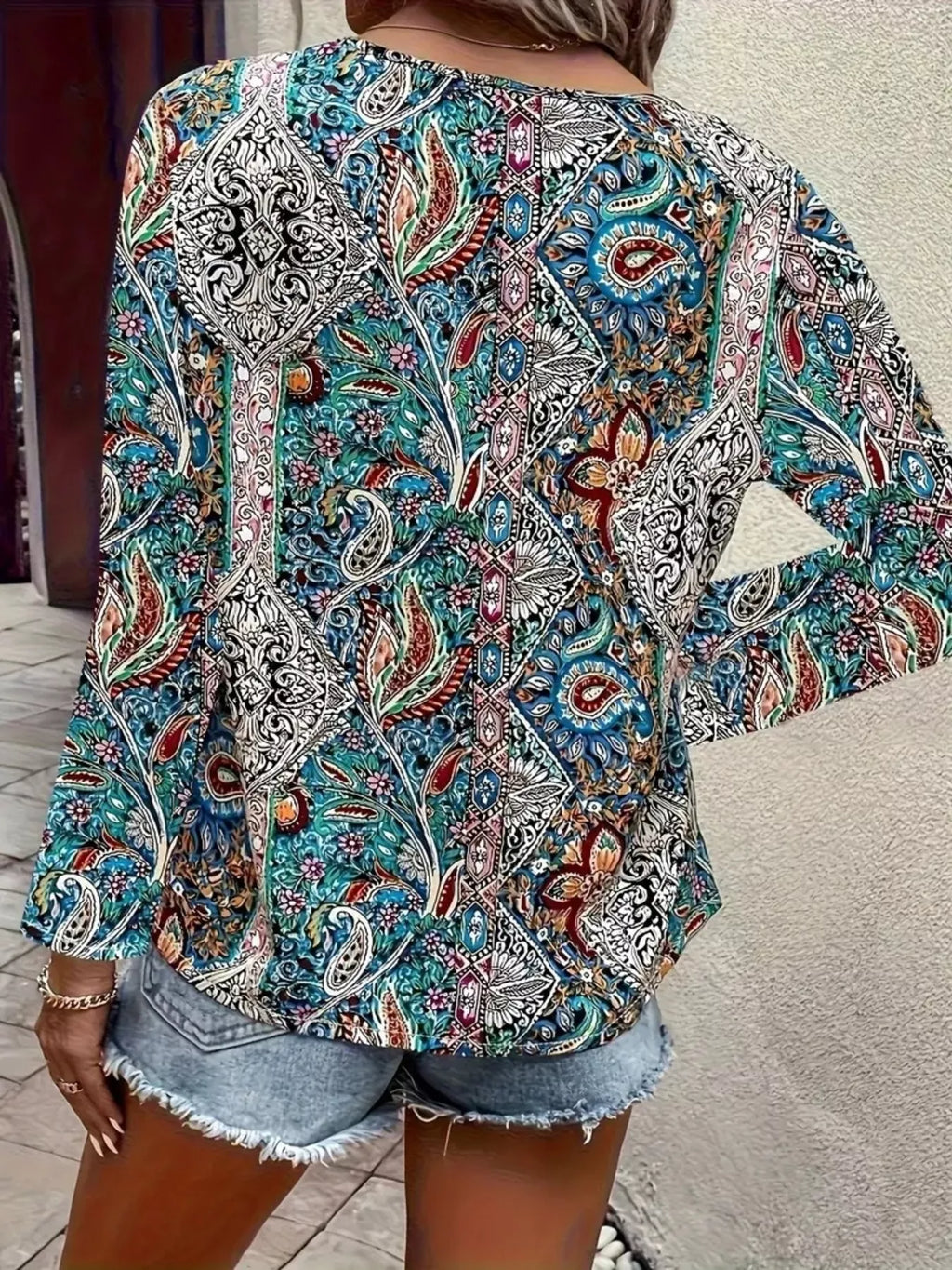 Paisley Print V-Neck Long Sleeve Blouse