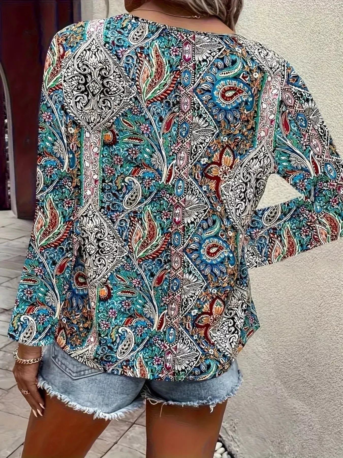 Paisley Print V-Neck Long Sleeve Blouse