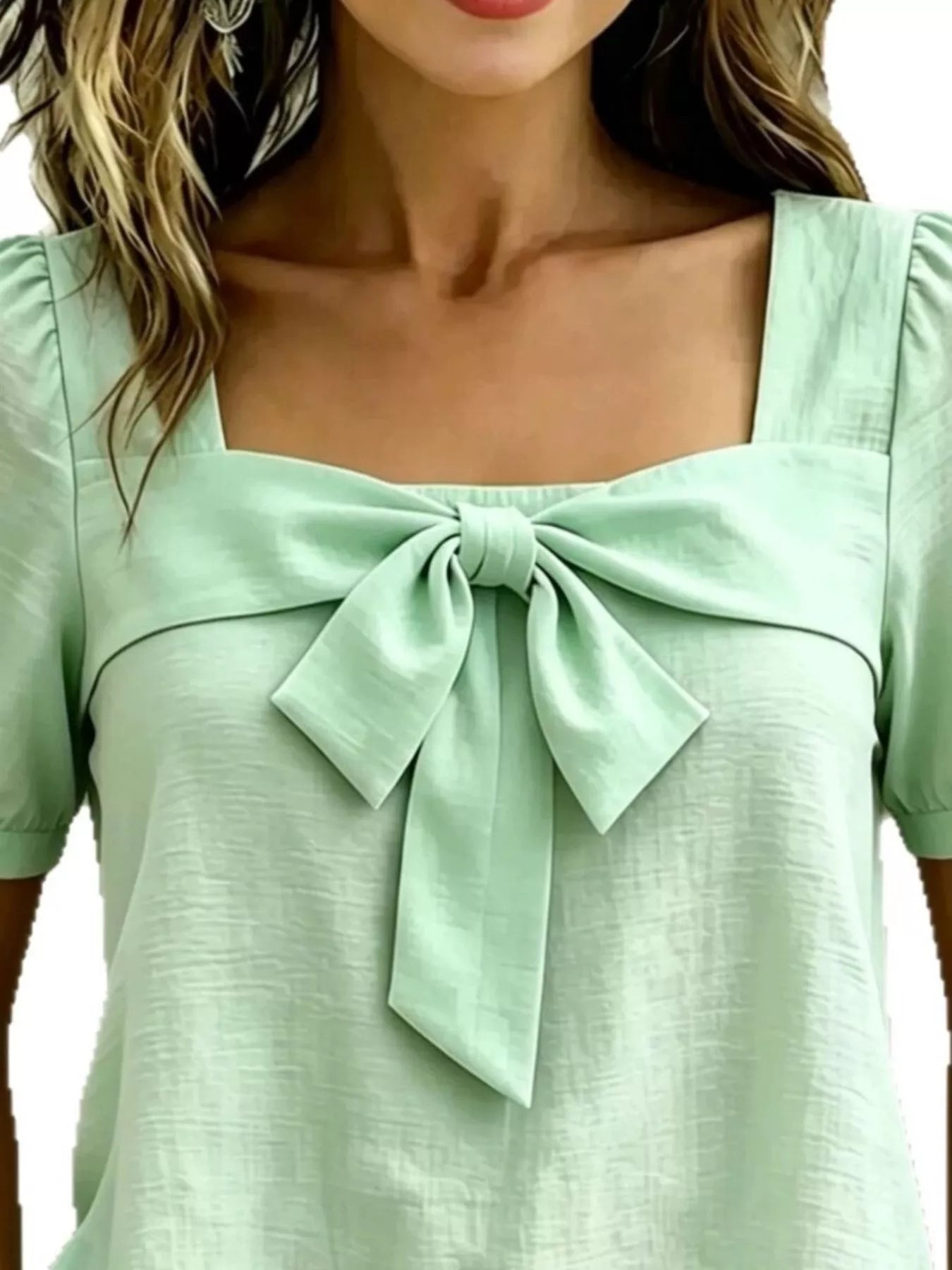 Bow Tie Square Neck Puff Sleeve Blouse
