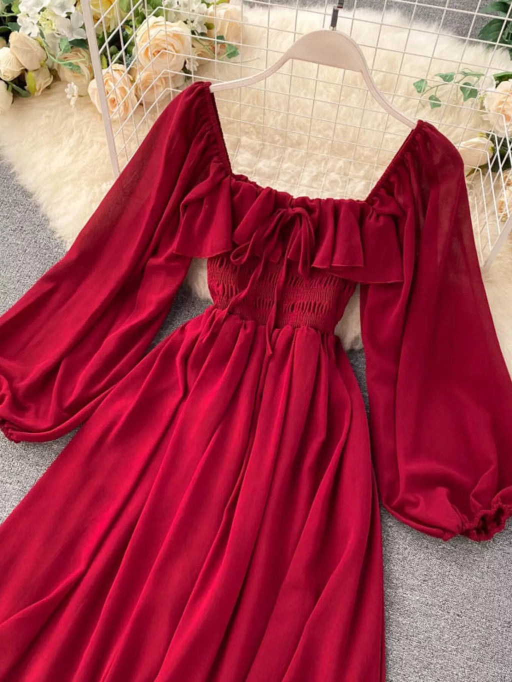 Ruffle Square Neck Balloon Sleeve A-Line Dress