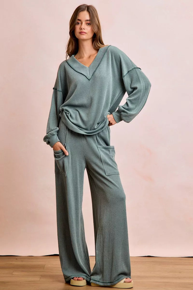 BiBi Two Tone Cord Rib Contrast Stitching V-Neck Top and Pants Set
