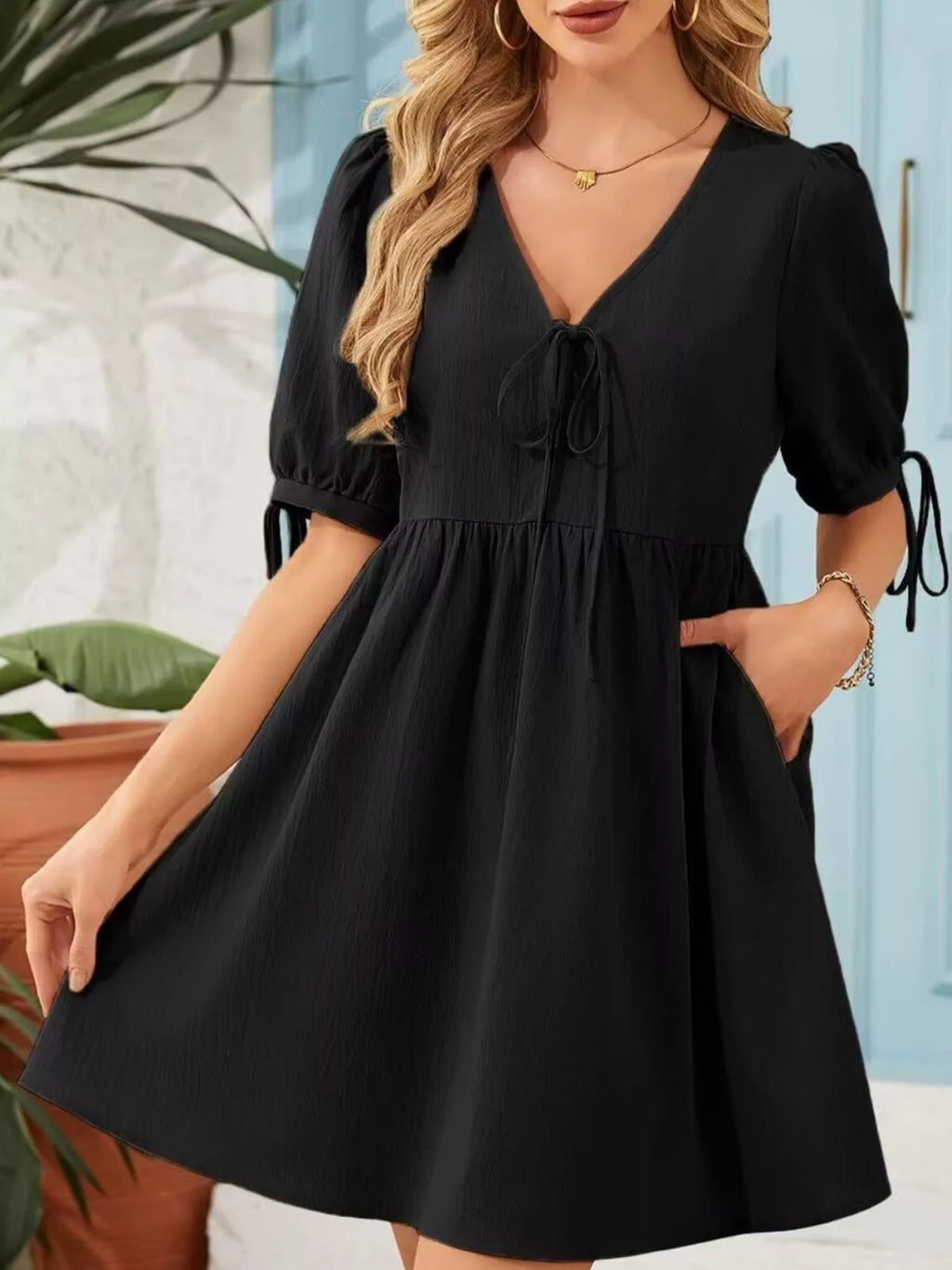 Tie-Neck Puff Sleeve A-Line Mini Dress