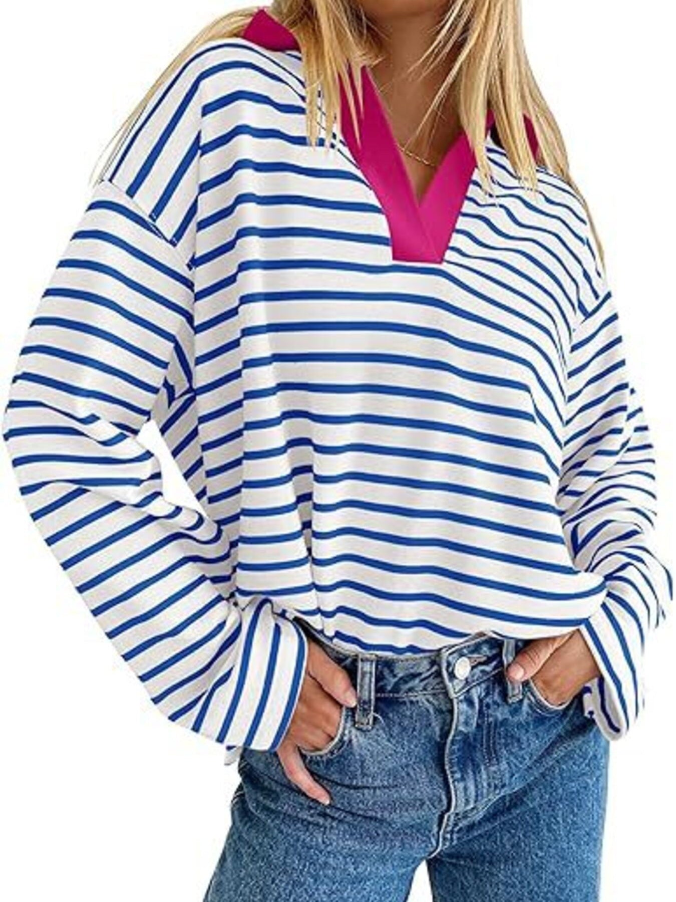 Striped Contrast Collar Long Sleeve Top