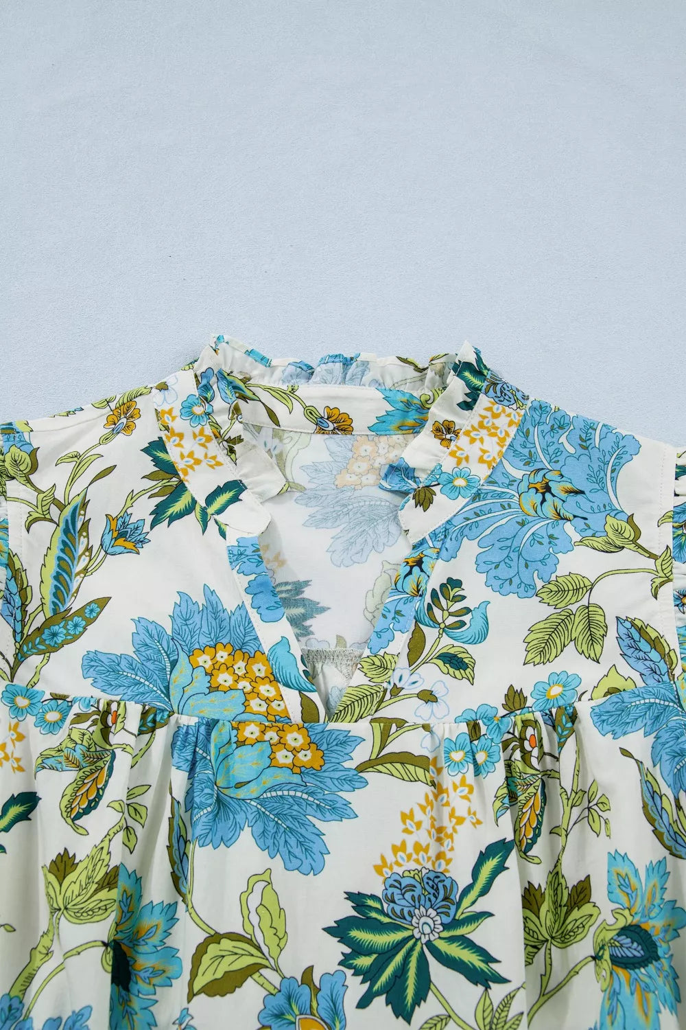 Floral Print V Neck Triple Ruffle Short Sleeve Shift Mini Dress