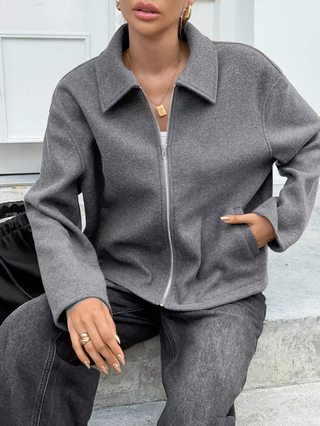 Zip-Up Dropped Shoulder Jacket