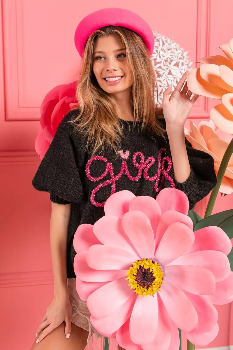 BiBi Metallic Letter Short Puff Sleeve Hairy Sweater