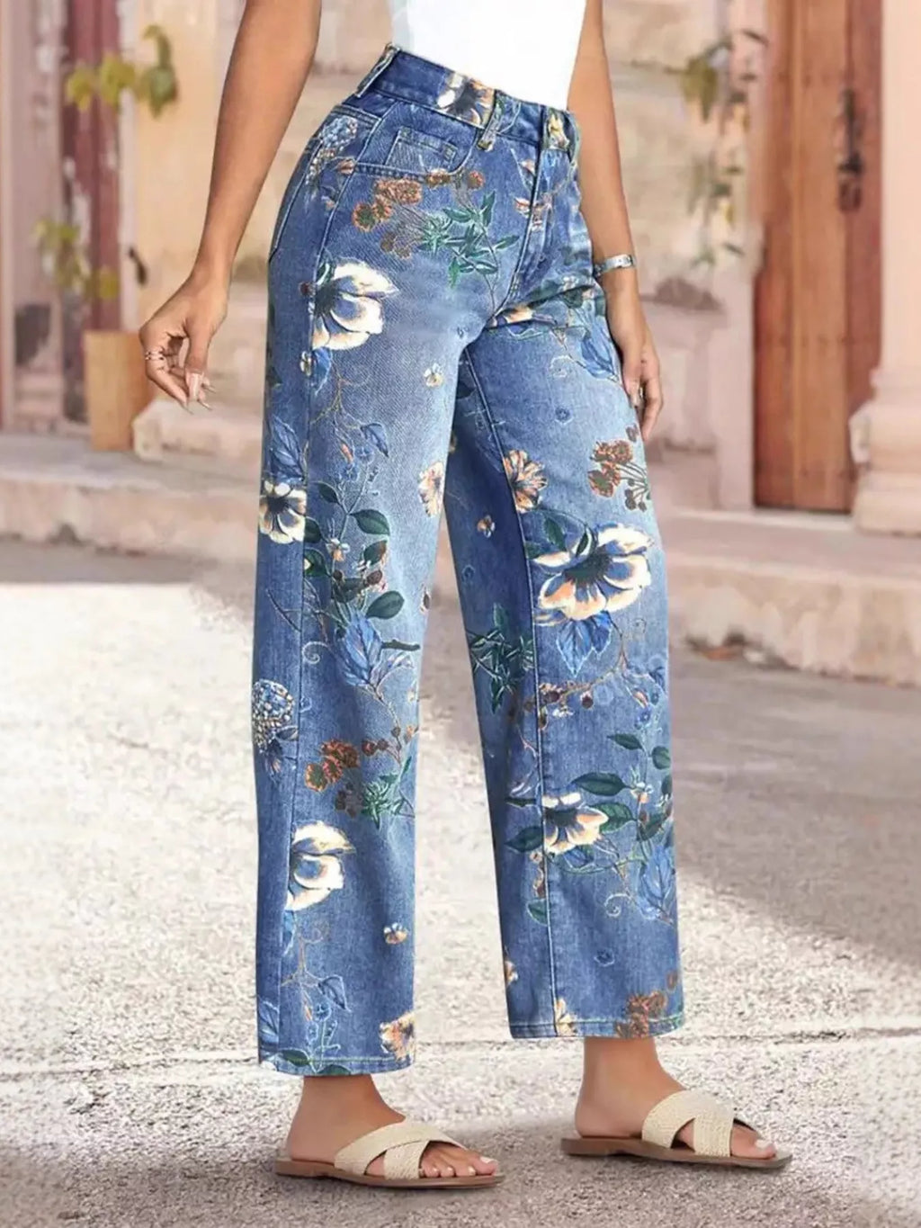 Floral Print Wide Leg Jeans