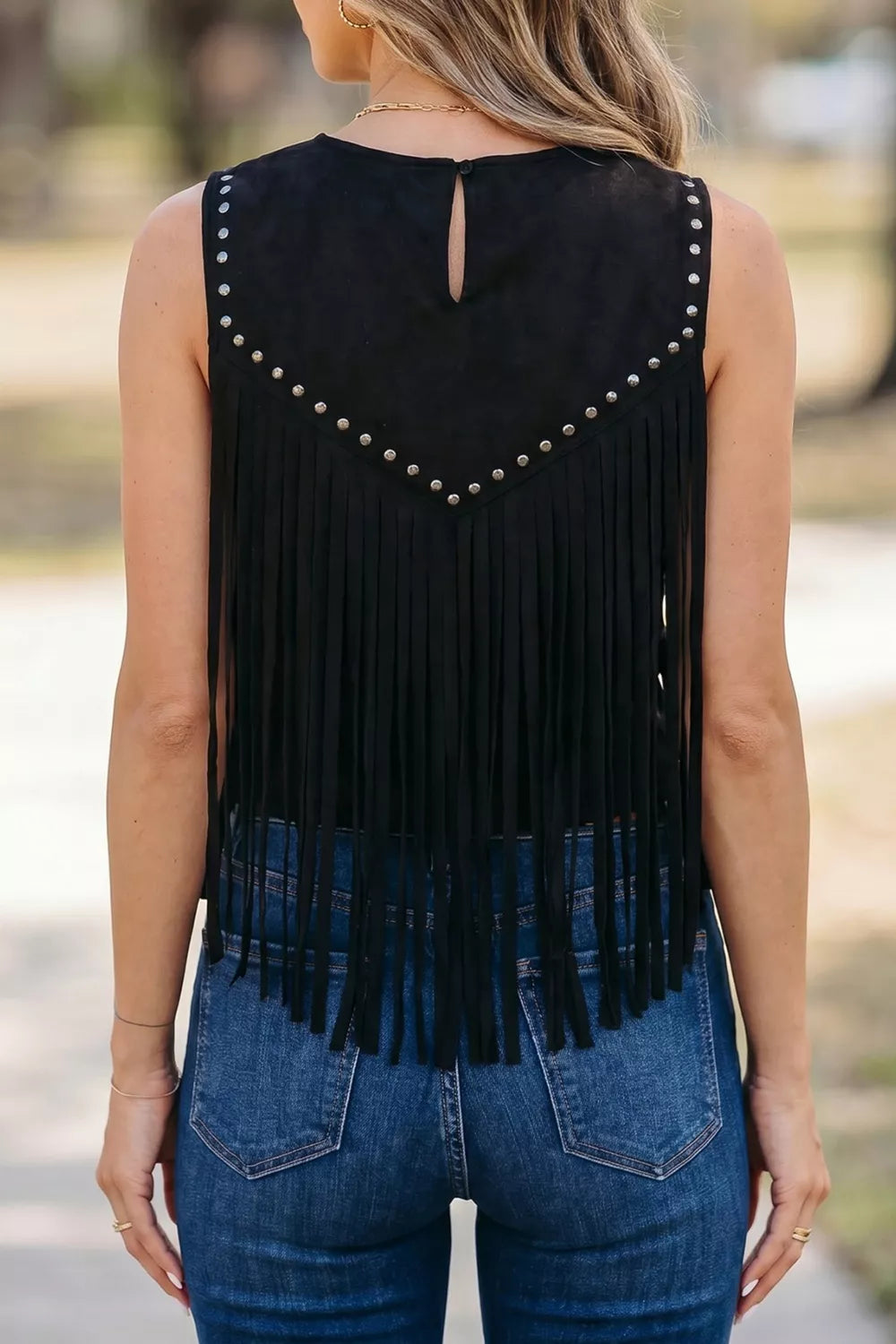 Western Fringe Rivet Paneling Bust Sleeveless Top