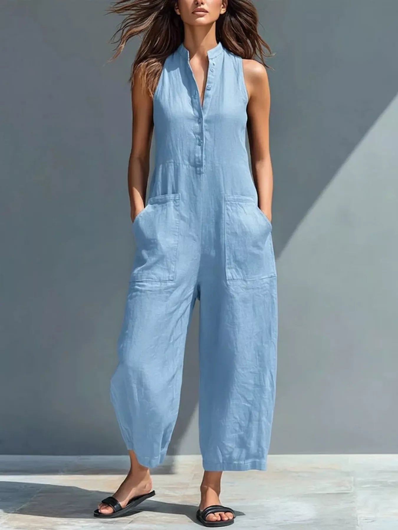 Full Size Button Front Sleeveless Jumpsuit Plus Size