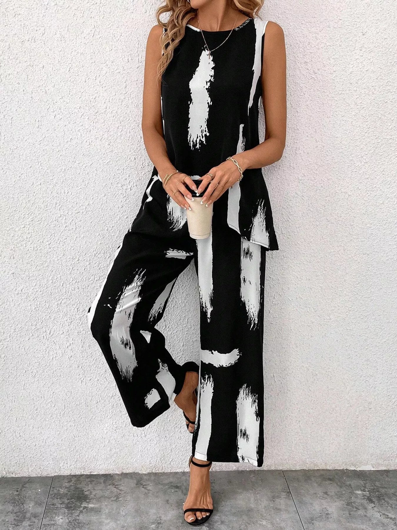 Abstract Print Sleeveless Top & Wide Leg Pants Set