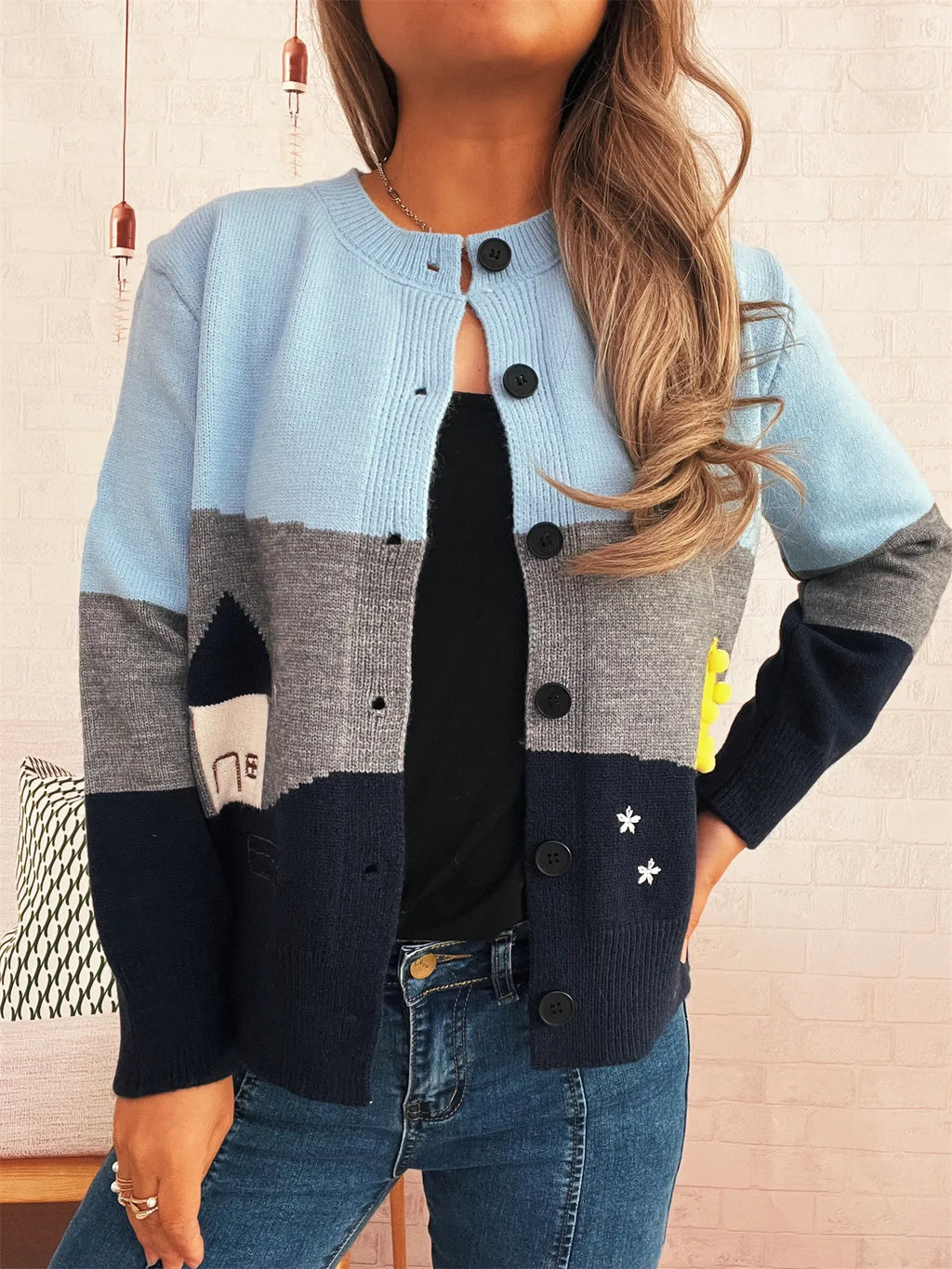 Color Block Button-Up Cardigan