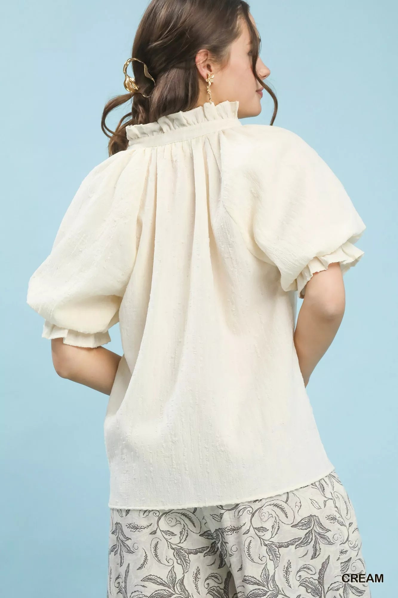 Umgee Textured Puff Sleeve Split Neck Top