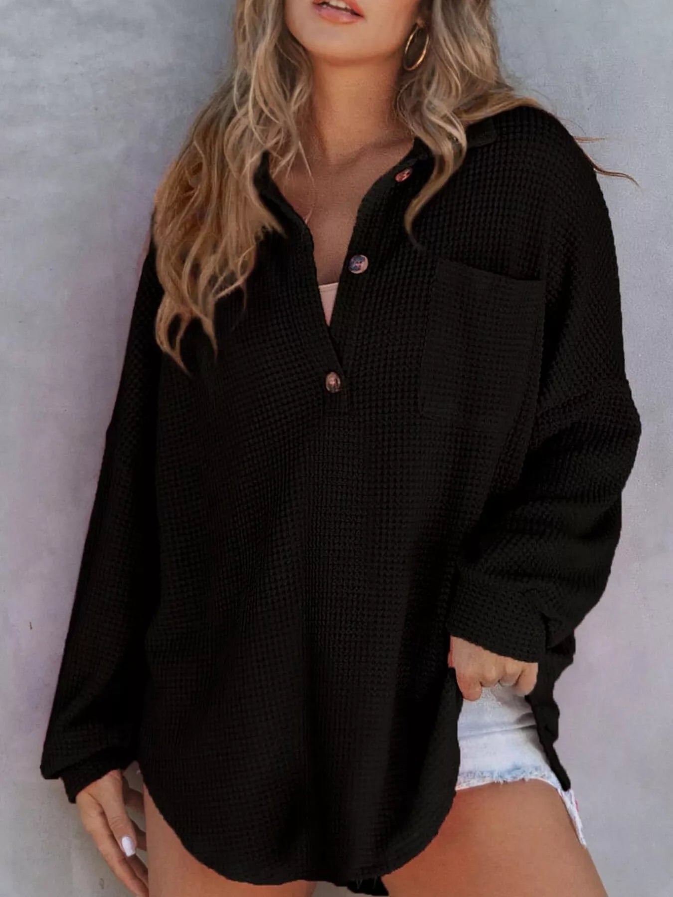 Waffle Knit Button Detail T-Shirt with Pocket
