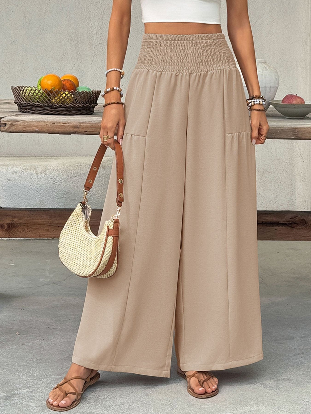 Smocked Waist Wide Leg Pants