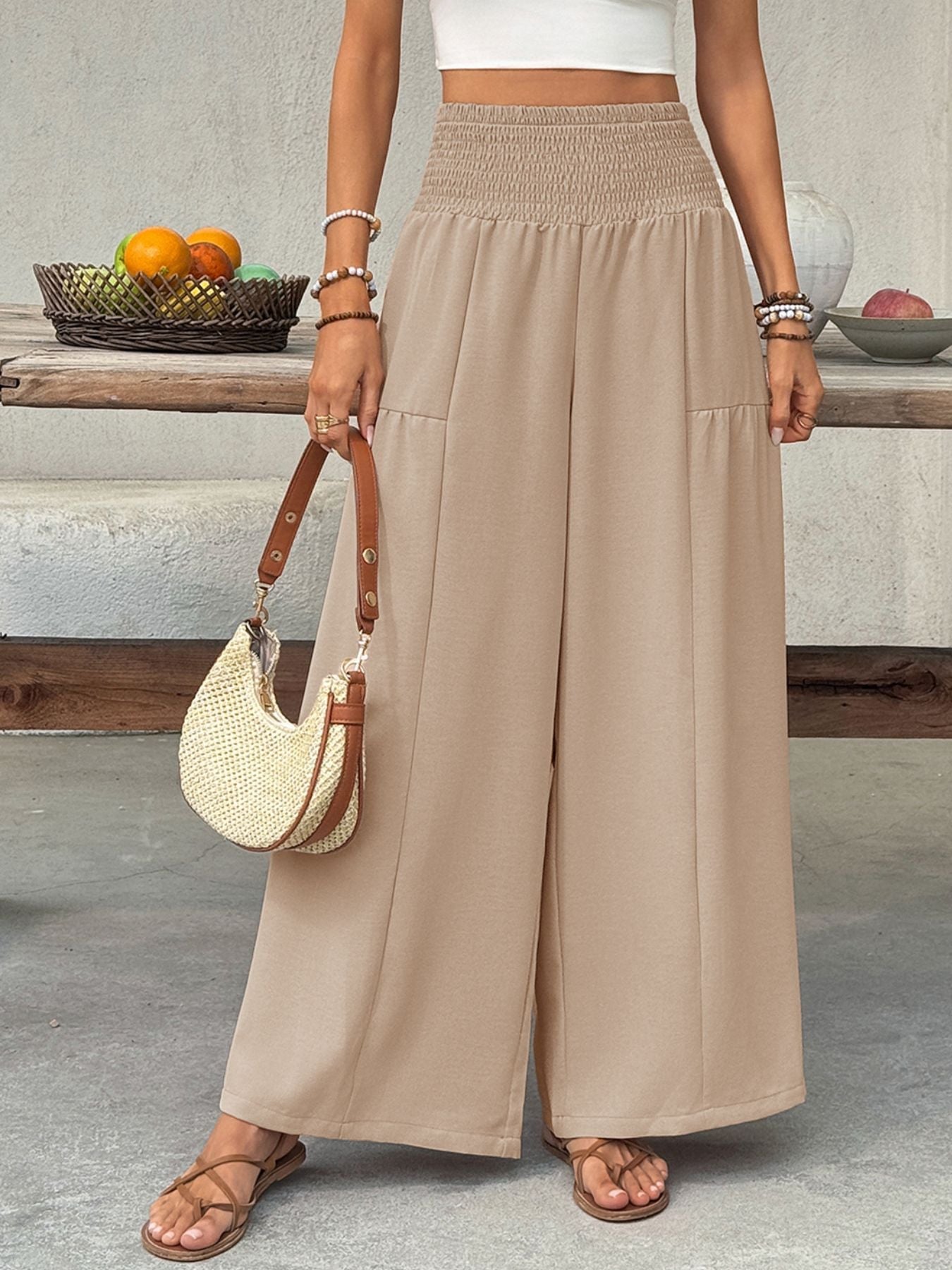 Smocked Waist Wide Leg Pants