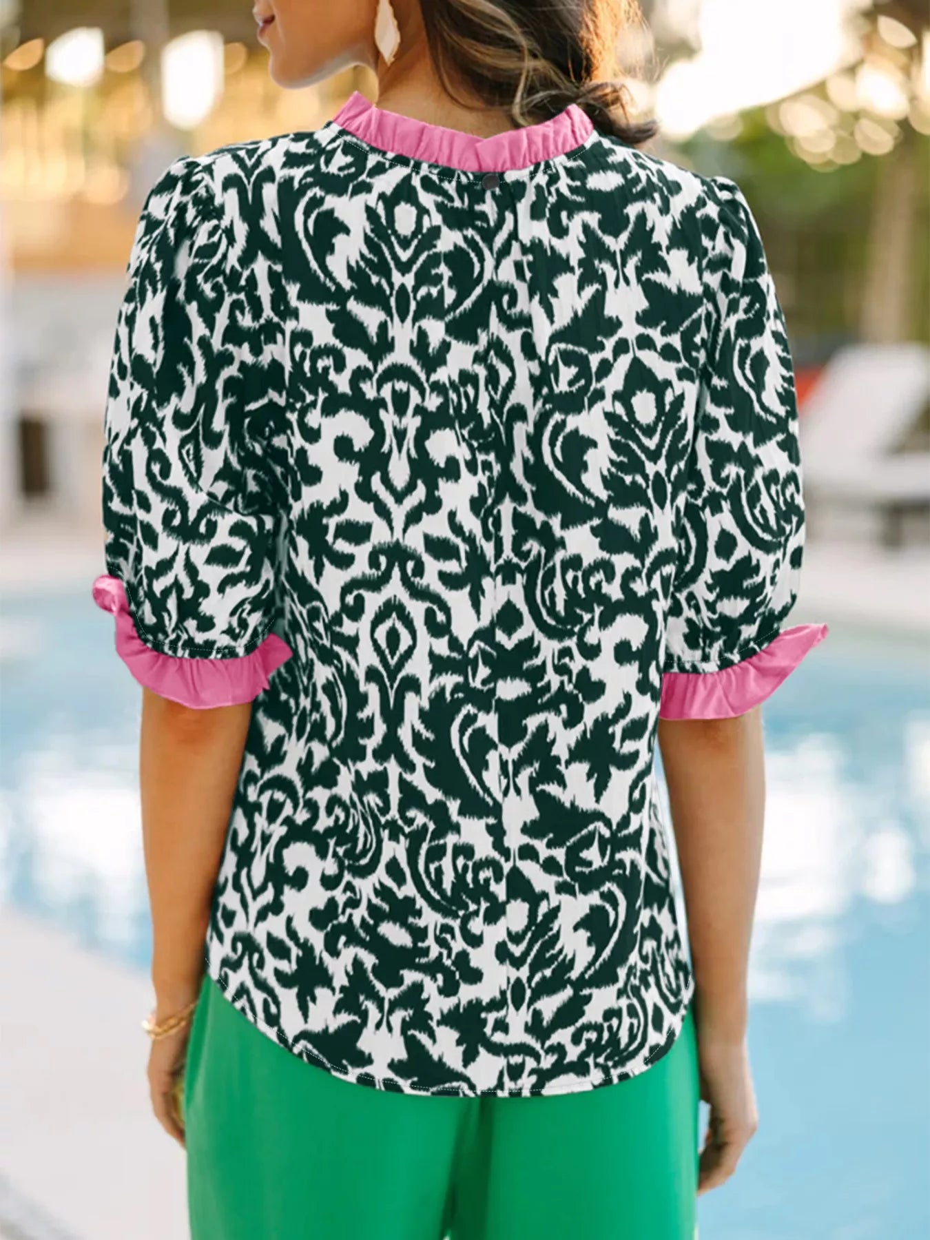 Damask Print Ruffled Color Block Detail Half Sleeve Blouse