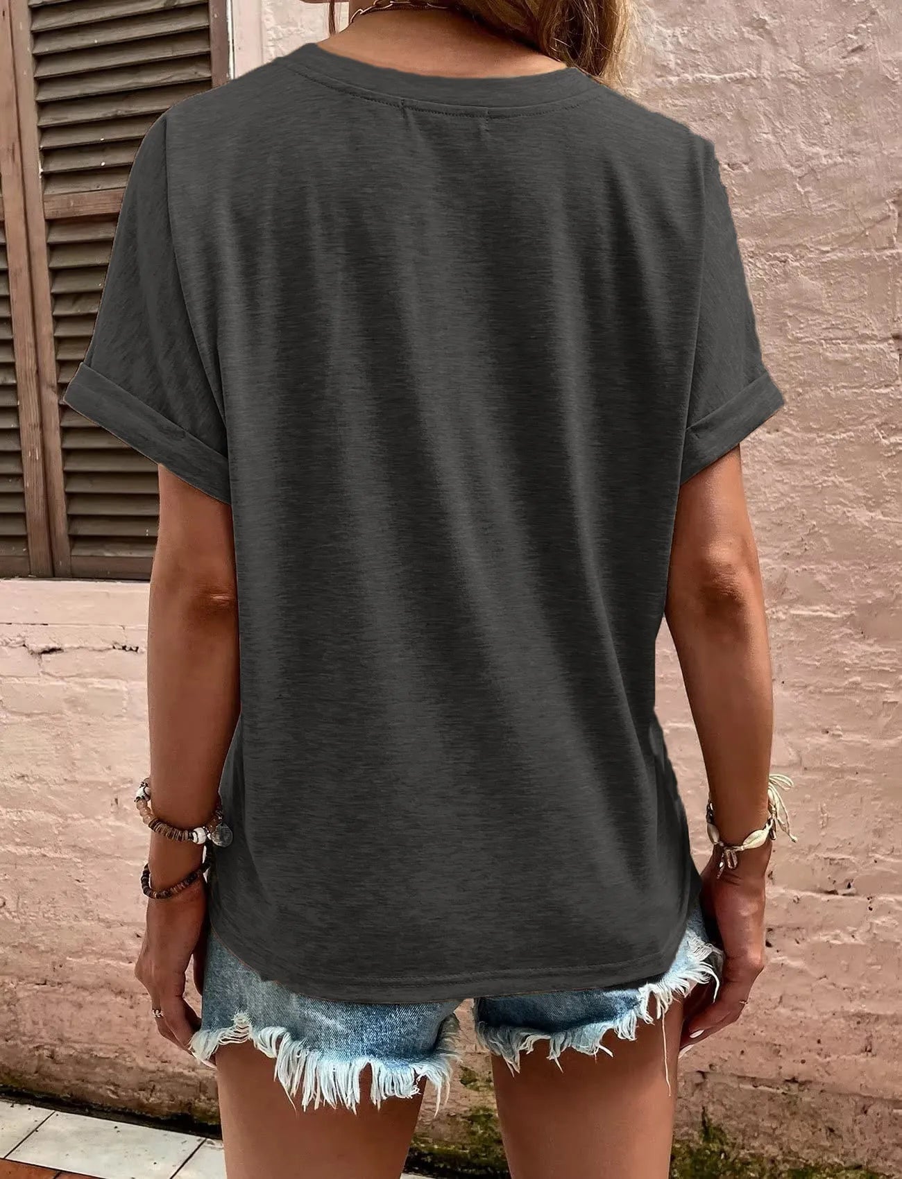 Full Size Notched Short Rolled Sleeve Top Plus Size