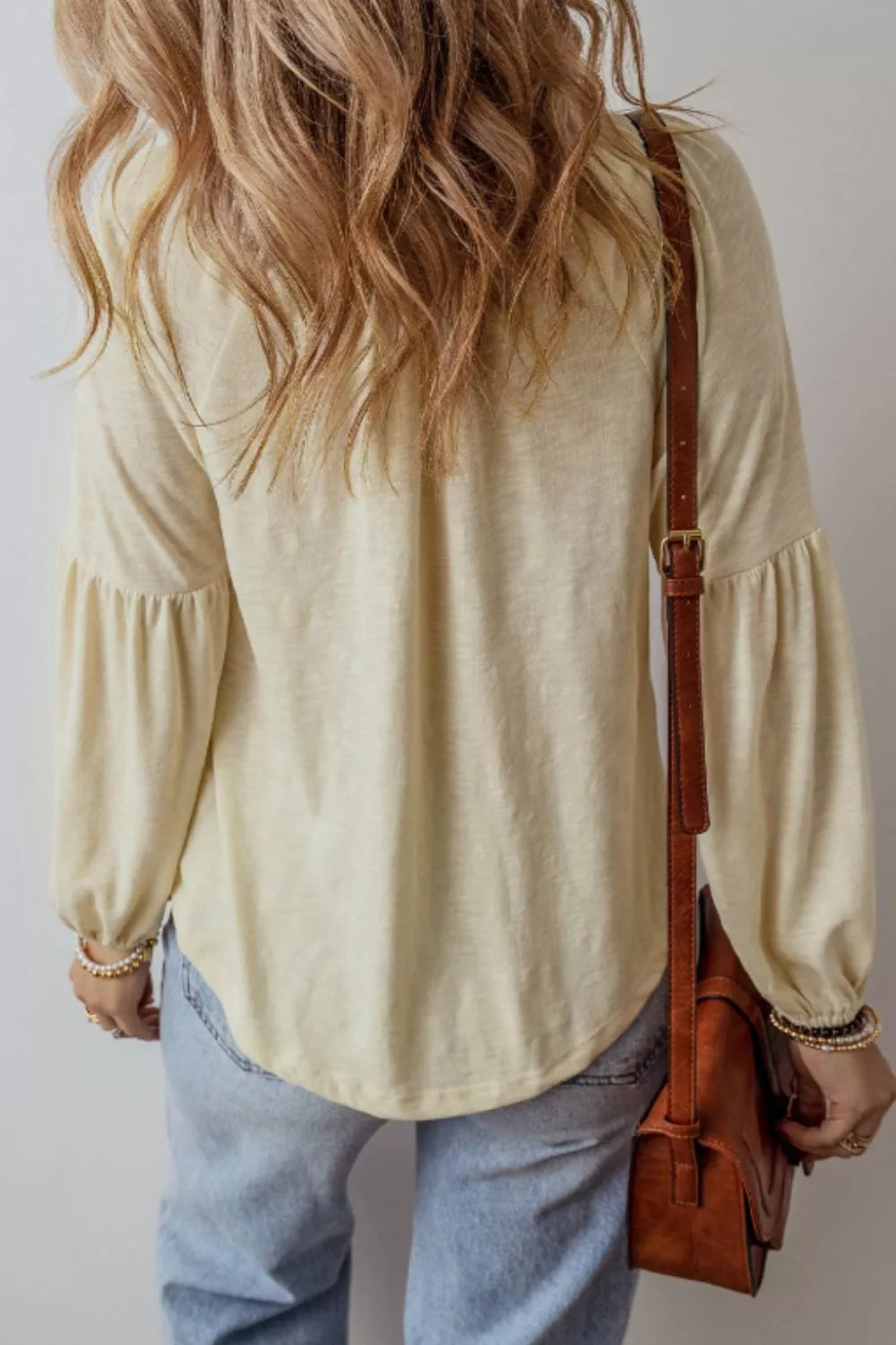 Embroidered Notched Long Sleeve Blouse