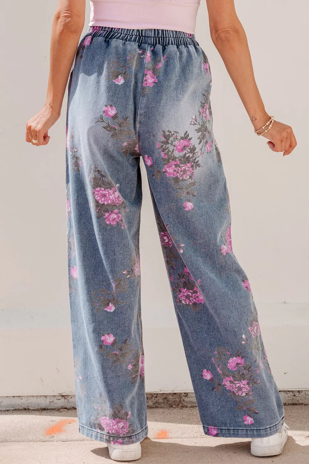 Floral Print Wide Leg Elastic Waist Jeans