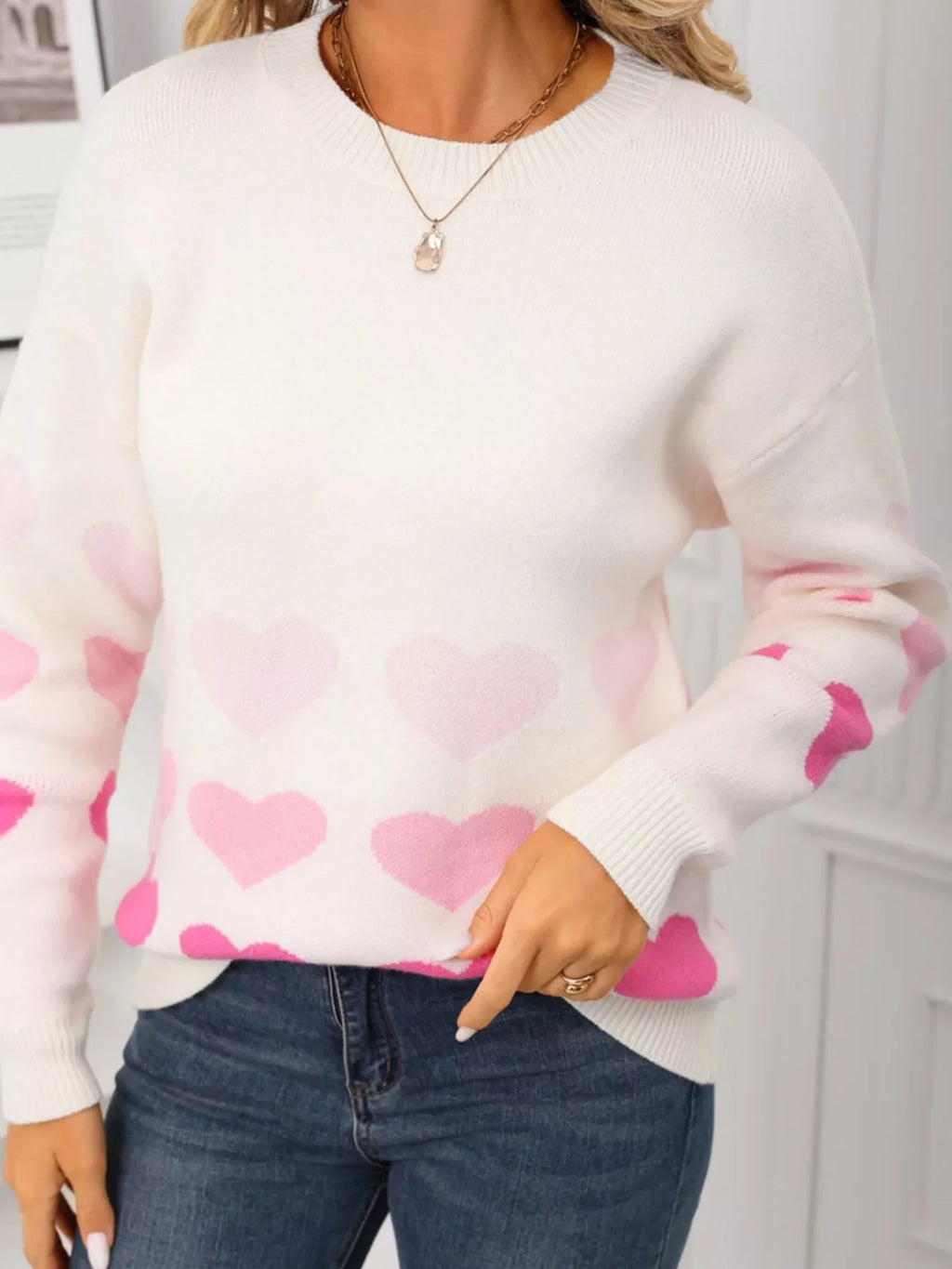 Valentine's Day Heart Pattern Crew Neck Sweater