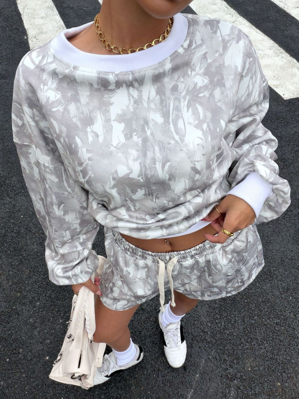 Round Neck Long Sleeve Top & Shorts Set