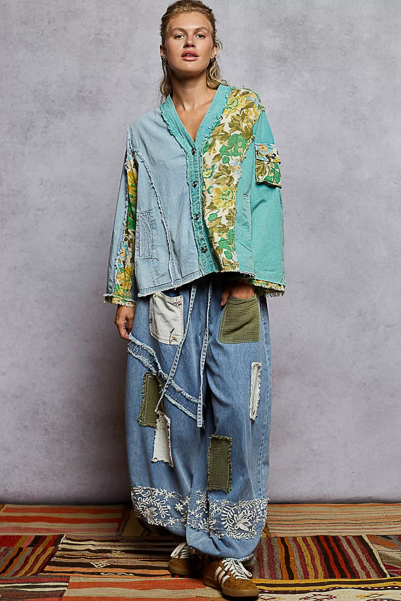 POL Button Down Floral V-Neck Long Sleeve Raw Hem Top