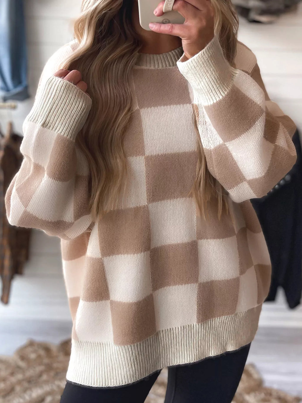 Checkered Pattern Ribbed Trim Knit Baggy Sweater