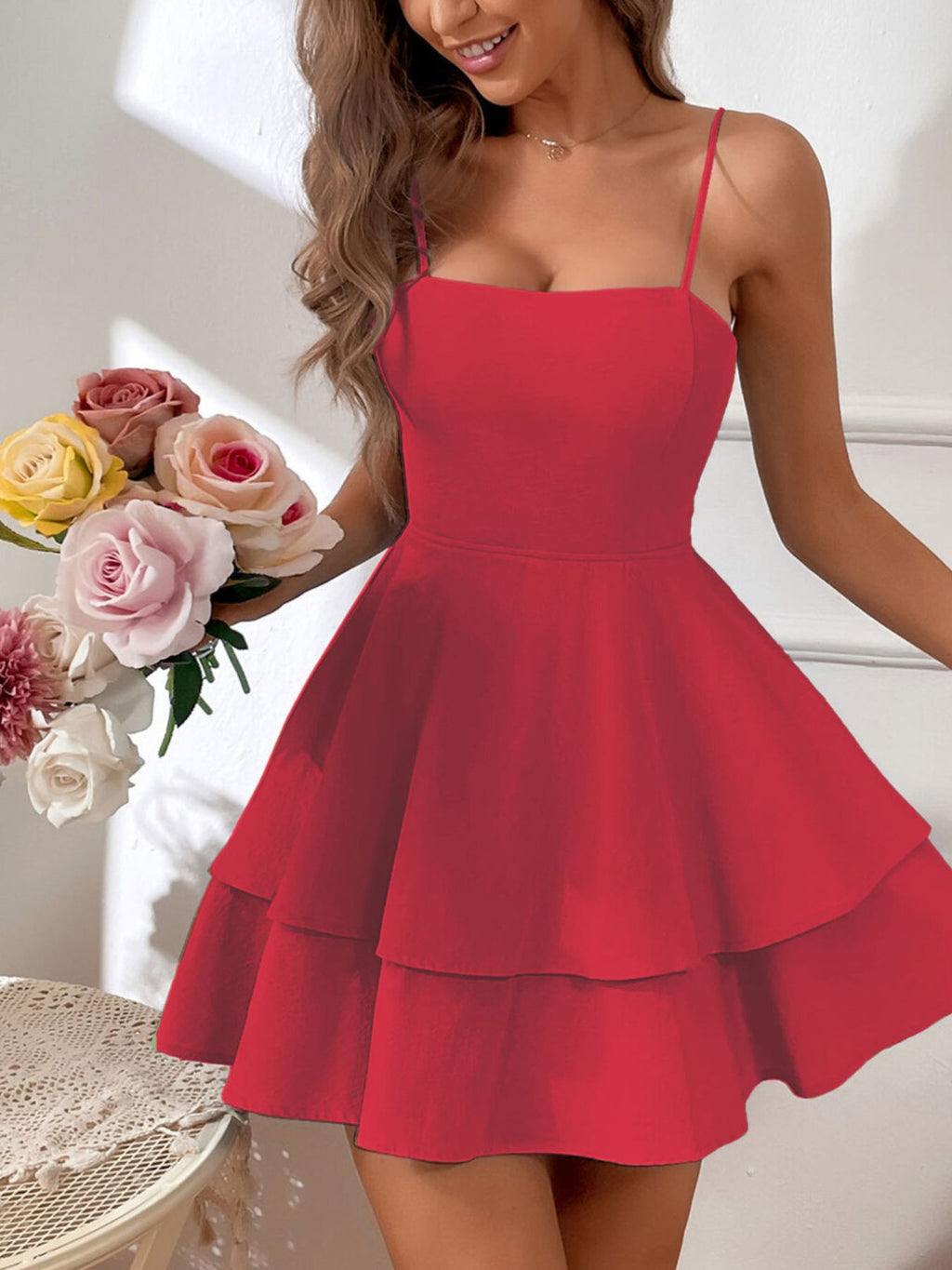 Tie Back Layered Ruffle Hem Mini Dress
