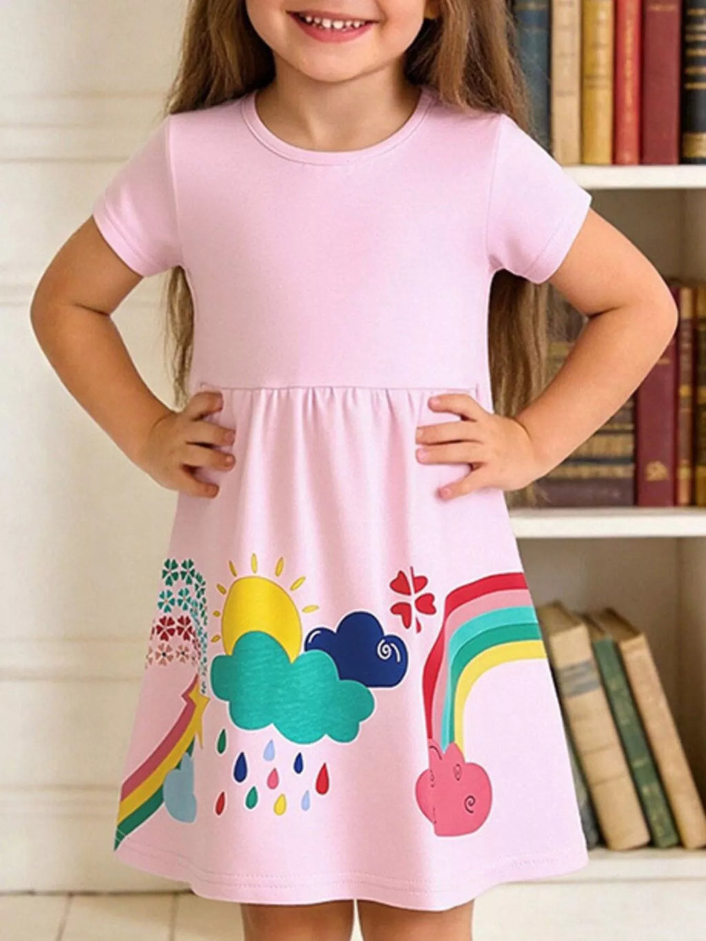 Children's Rainbow Print Short Sleeve Casual Dress